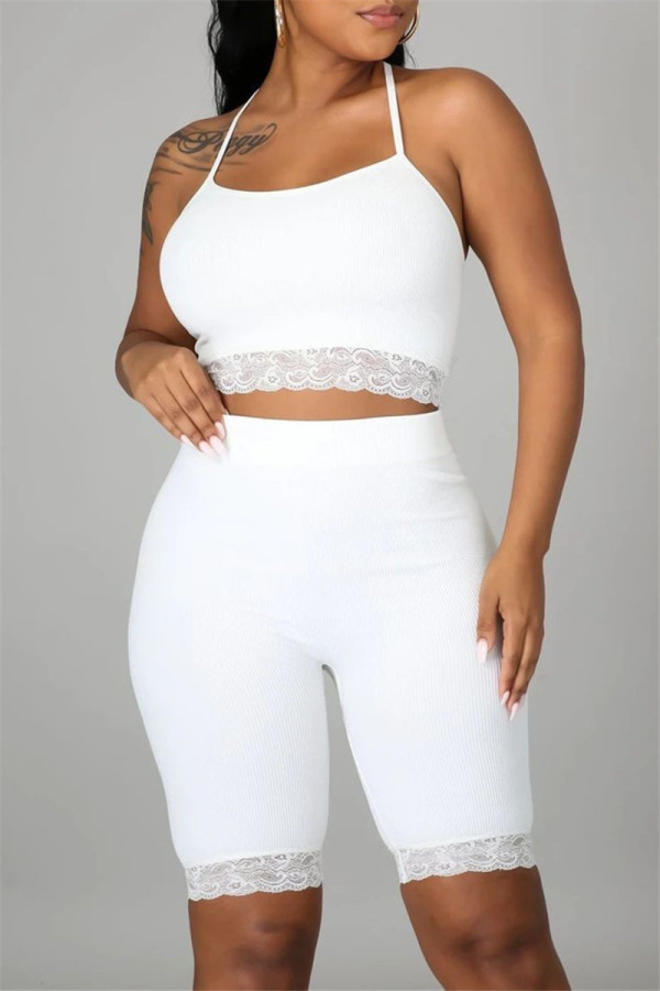 White Sexy Casual Solid Backless Spaghetti Strap Sleeveless Two Pieces