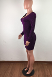 Purple Sexy Solid Hollowed Out V Neck Wrapped Skirt Dresses