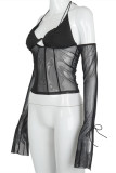 Black Fashion Sexy Patchwork Solid See-through Backless Halter Tops