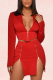 Red Sexy Solid Patchwork Slit Turndown Collar Two Pieces