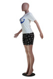 Blue Fashion Casual Print Basic O Neck Short Sleeve Two Pieces