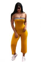 Yellow Sexy Patchwork Polyester Sleeveless Wrapped Jumpsuits