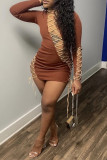 Black Fashion Sexy Solid Hollowed Out Strap Design Long Sleeve Dresses