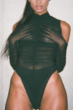 Black Sexy Solid See-through Fold O Neck Bodysuits