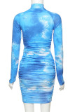 Blue Fashion adult Ma'am Street Cap Sleeve Long Sleeves O neck Pencil Dress Knee-Length Print Dresses