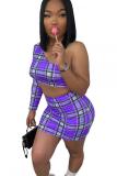 purple Sexy Plaid Print Backless Asymmetrical One Shoulder Long Sleeve Two Pieces