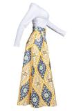 Yellow Polyester Elastic Fly Sleeveless High Print Geometric Floral A-line skirt Pants