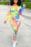 Yellow Casual Print Turndown Collar Long Sleeve Two Pieces