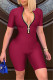 Burgundy Fashion Casual Solid Basic Zipper Collar Skinny Romper