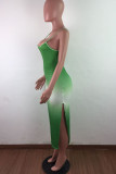 Green Fashion Sexy adult Ma'am Spaghetti Strap Sleeveless Slip Step Skirt Mid-Calf Ombre backless Dresses