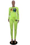 Fluorescent green Casual Fashion adult Fluorescent Two Piece Suits Print Lips Print Loose Long Sleeve Two-p