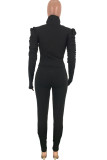 Black Polyester Casual Two Piece Suits Solid pencil Long Sleeve Two-piece Pants Set
