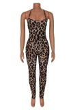 Leopard Print Sexy Print Leopard Backless Strap Design Spaghetti Strap Skinny Jumpsuits