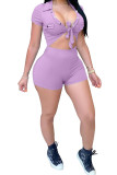 purple Fashion Casual bandage Button Solid Polyester Short Sleeve Turndown Collar Jumpsuits