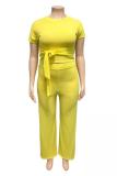 Dark Yellow Fashion adult Sexy O Neck Solid Two Piece Suits Bandage