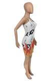 White Fashion Sexy Print Backless Spaghetti Strap Sleeveless Dress