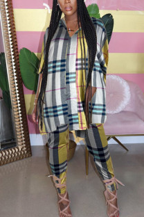 Yellow Milk Silk Fashion Casual adult Ma'am Plaid Print Two Piece Suits pencil Half Sleeve Two Pieces