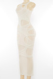 White Casual Solid Split Joint See-through O Neck A Line Dresses