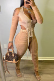 White Fashion Sexy Patchwork Solid See-through Asymmetrical Halter Long Sleeve Two Pieces