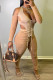 Khaki Fashion Sexy Patchwork Solid See-through Asymmetrical Halter Long Sleeve Two Pieces