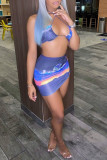Blue Fashion Sexy Print Backless Halter Sleeveless Two Pieces