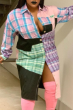 Pink Casual Plaid Patchwork Turndown Collar Tops