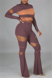 Purplish Red Fashion Casual Patchwork Ripped O Neck Long Sleeve Two Pieces