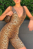 Tiger Pattern Sexy Animal Print Split Joint V Neck Skinny Jumpsuits
