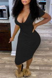 Red Fashion Sexy Solid Basic V Neck Short Sleeve Dress