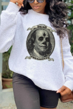 White Casual Print Letter O Neck Tops