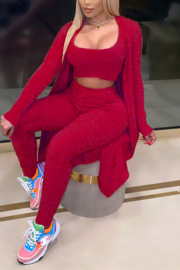 Wine Red Fashion Casual Solid Basic U Neck Long Sleeve Three-piece Set