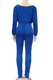 Blue Fashion British Style Adult Polyester Solid Draw String Fold O Neck Long Sleeve Regular Sleeve Short Two Pieces