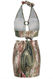 Colour Fashion Sexy Print Backless Halter Printed Dress