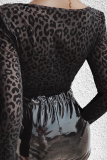 Black Sexy Leopard See-through Square Collar Skinny Bodysuits