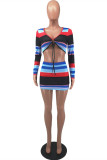 Blue Fashion Sexy Print Strap Design V Neck Long Sleeve Two Pieces