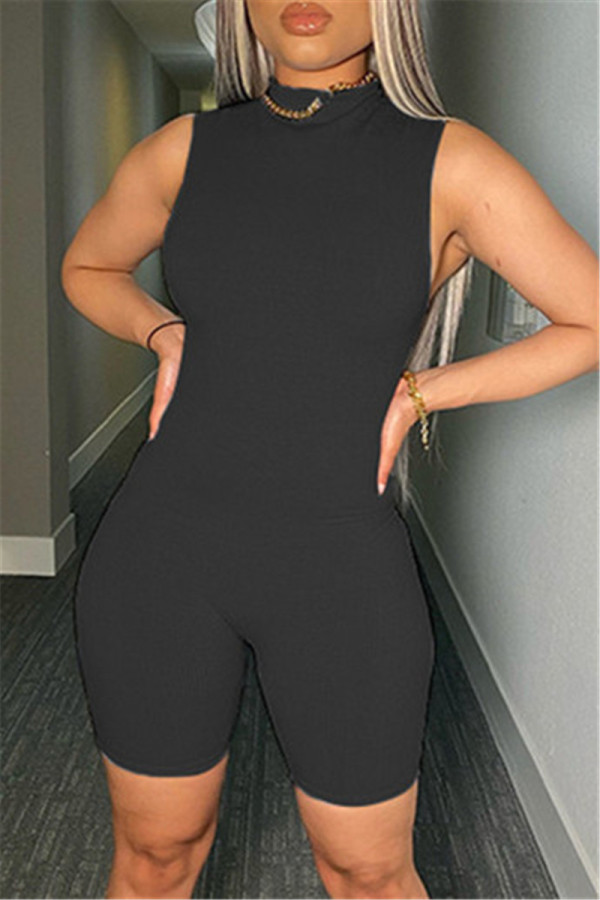 Black Fashion Casual Solid Basic O Neck Sleeveless Skinny Romper