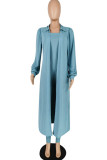 Blue Fashion Daily Adult Polyester Solid Split Joint Turndown Collar Long Sleeve Regular Sleeve Long Two Pieces