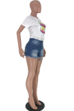 White O Neck Short Sleeve Print Patchwork 