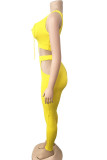 Yellow Milk Silk Fashion Sexy adult Ma'am Patchwork Solid Two Piece Suits pencil Sleeveless Two Pieces