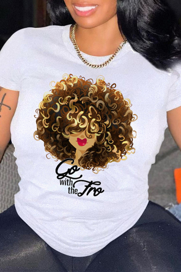 White Fashion Casual Print Basic O Neck T-Shirts