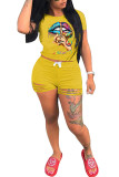 Yellow Polyester Fashion Sexy adult Letter Patchwork Print Hole Burn-out Lips Print pencil Short Sleeve Two Pieces