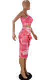 Pink Polyester Fashion Casual adult Ma'am O Neck Print Two Piece Suits Stitching Plus Size