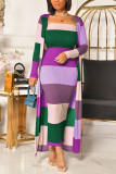 Purple Sexy Striped O Neck Long Sleeve Two Pieces
