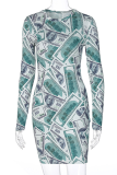 White Street Print Patchwork O Neck Pencil Skirt Dresses