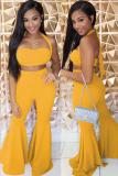 Yellow Polyester Sexy Fashion adult Bandage backless Solid Two Piece Suits Boot Cut Sleeveless Two-piece P