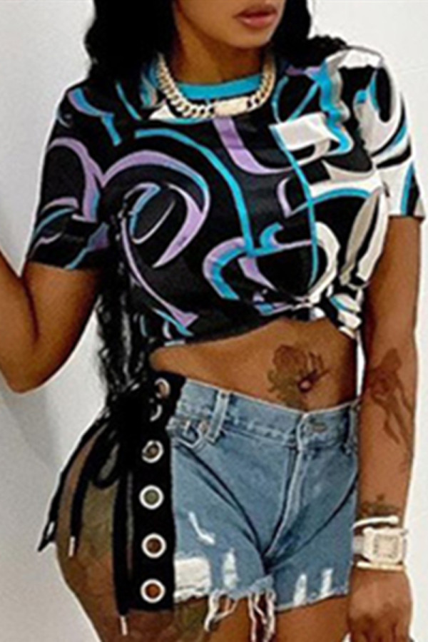Black Fashion Casual Print Basic O Neck Tops