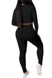 Black Fashion Sexy Adult Polyester Solid Split Joint O Neck Long Sleeve Regular Sleeve Regular Two Pieces