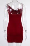 Burgundy Sexy Gradual Change Patchwork Backless Fold Spaghetti Strap Straight Dresses