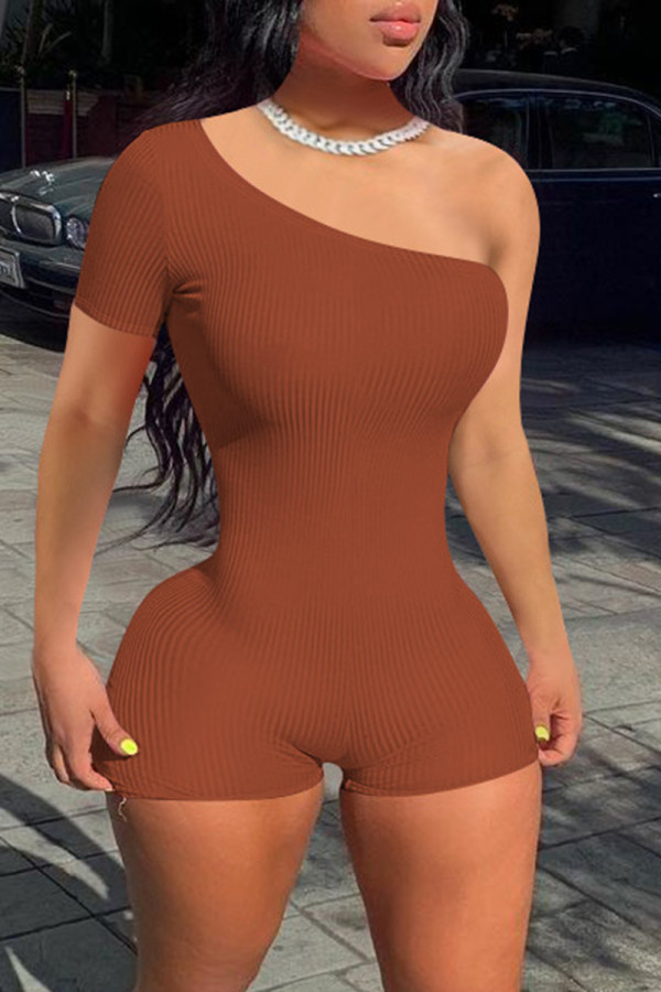 Coffee Sexy Casual Solid Backless Oblique Collar Skinny Romper