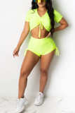 Fluorescent green Fashion Sexy adult Ma'am Solid Two Piece Suits Straight Short Sleeve Two Pieces